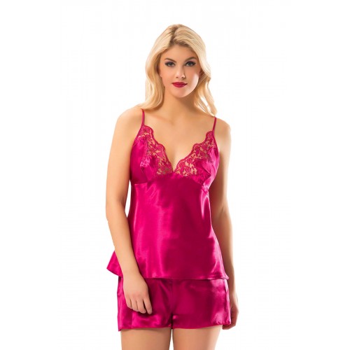 Fuşya Saten Babydoll Şortlu Takım - 297 - Beden S/M