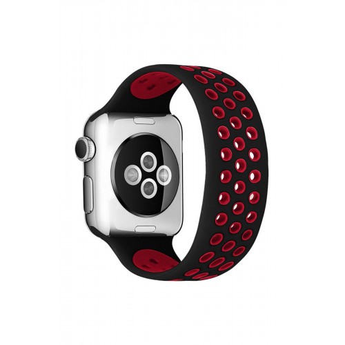 Newface Apple Watch Ultra 49mm Ayarlı Delikli Silikon Kordon - Siyah-Kırmızı