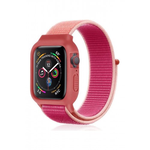 Newface Apple Watch 38mm Hasırlı Cırtcırtlı Kasalı Kordon - Pudra