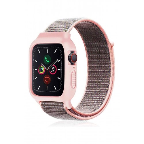 Newface Apple Watch 38mm Hasırlı Cırtcırtlı Kasalı Kordon - Pembe