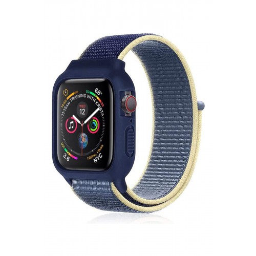 Newface Apple Watch 38mm Hasırlı Cırtcırtlı Kasalı Kordon - Sarı-Lacivert