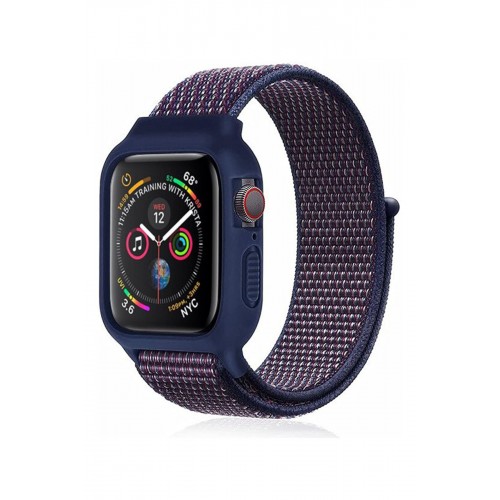 Newface Apple Watch 38mm Hasırlı Cırtcırtlı Kasalı Kordon - Lacivert-Mürdüm