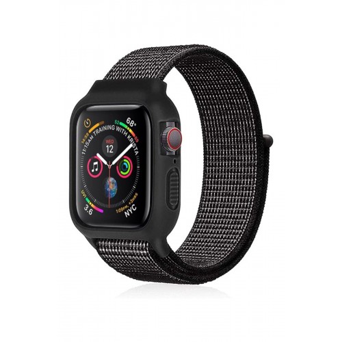 Newface Apple Watch 38mm Hasırlı Cırtcırtlı Kasalı Kordon - Benekli Siyah