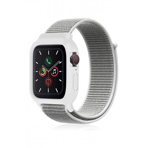 Newface Apple Watch 40mm Hasırlı Cırtcırtlı Kasalı Kordon - Beyaz