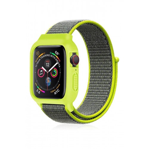 Newface Apple Watch 41mm Hasırlı Cırtcırtlı Kasalı Kordon - Yeşil