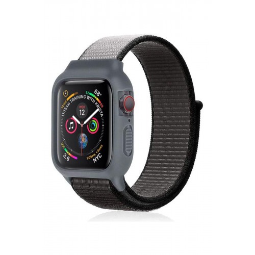 Newface Apple Watch 41mm Hasırlı Cırtcırtlı Kasalı Kordon - Siyah-Gri