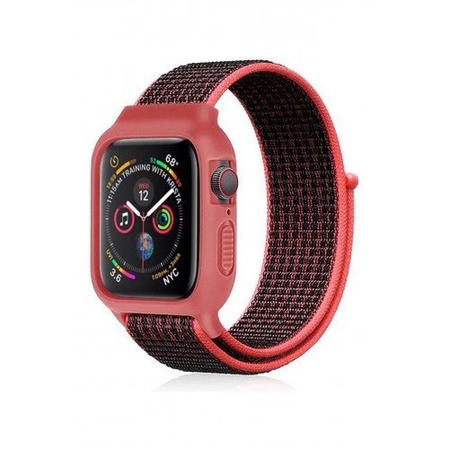 Newface Apple Watch 41mm Hasırlı Cırtcırtlı Kasalı Kordon - Siyah-Pembe