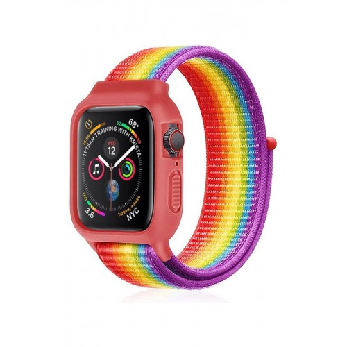 Newface Apple Watch 42mm Hasırlı Cırtcırtlı Kasalı Kordon - Gökkuşağı