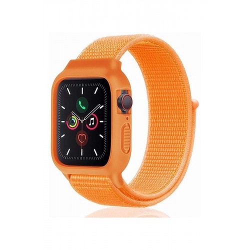 Newface Apple Watch 44mm Hasırlı Cırtcırtlı Kasalı Kordon - Turuncu