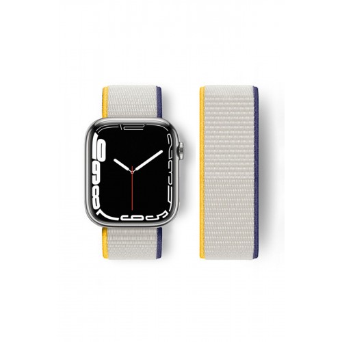 Newface Apple Watch 45mm Hasırlı Cırtcırtlı Kordon - Sarı-Beyaz