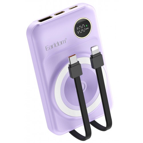 Earldom PD28 10.000 mAh 22.5W Kablosuz Şarjlı Dijital Göstergeli PD Hızlı Şarj Mini Powerbank - Mor