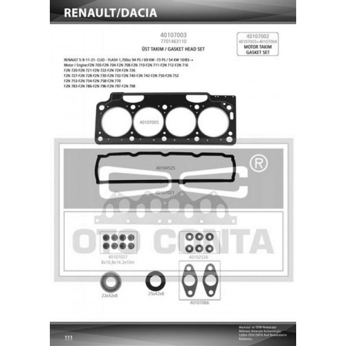 ÜST MOTOR TAKIM CONTASI 1700C RENAULT FLASH R11 (KEÇELİ - SKCLİ) (107001)