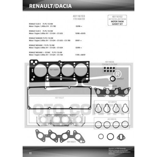 ÜST TAKIM CONTASI (KEÇELİ) RENAULT CLİO II-KANGO 1.4 (E7J 624-626-634-635-780)