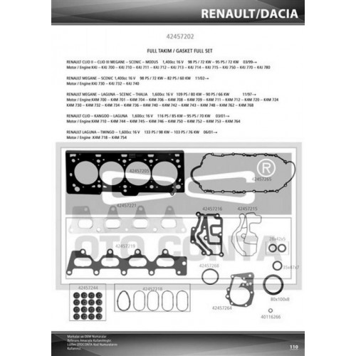 MOTOR FULL TAKIM CONTA KEÇELİ RENAULT MEGANE 1.4-1.6 16V