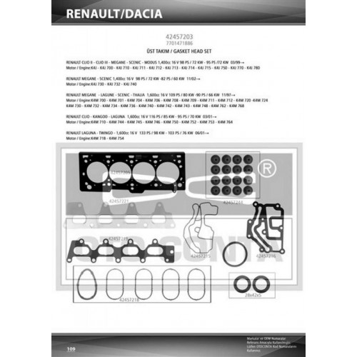 ÜST TAKIM CONTA KEÇELİ RENAULT MEGANE 1.6 16V 457303