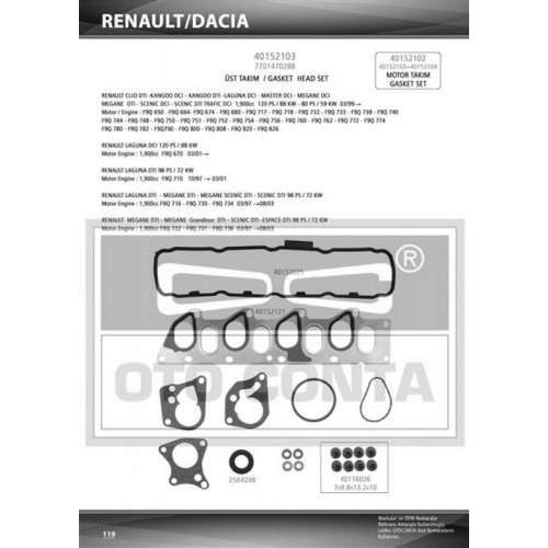 ÜST TAKIM CONTASI RENAULT MEGANE-LAGUNA-KANGO-MASTER- TRAFİC-VİVARO 1.9 DCİ-DTİ F9Q (KEÇELİ)