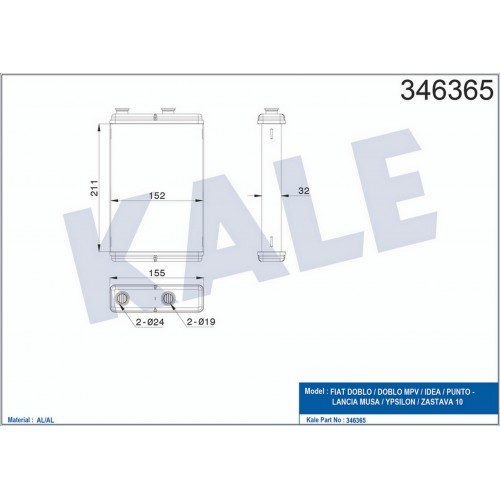 KALORİFER RADYATÖRÜ [ FİAT DOBLO 2001- , PUNTO 2001- , İDEA 2004- KLİMASIZ BRAZİNG ]