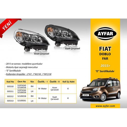 FAR SAĞ MOTORLU KROM ÇERÇEVELİ FIAT DOBLO 15 -